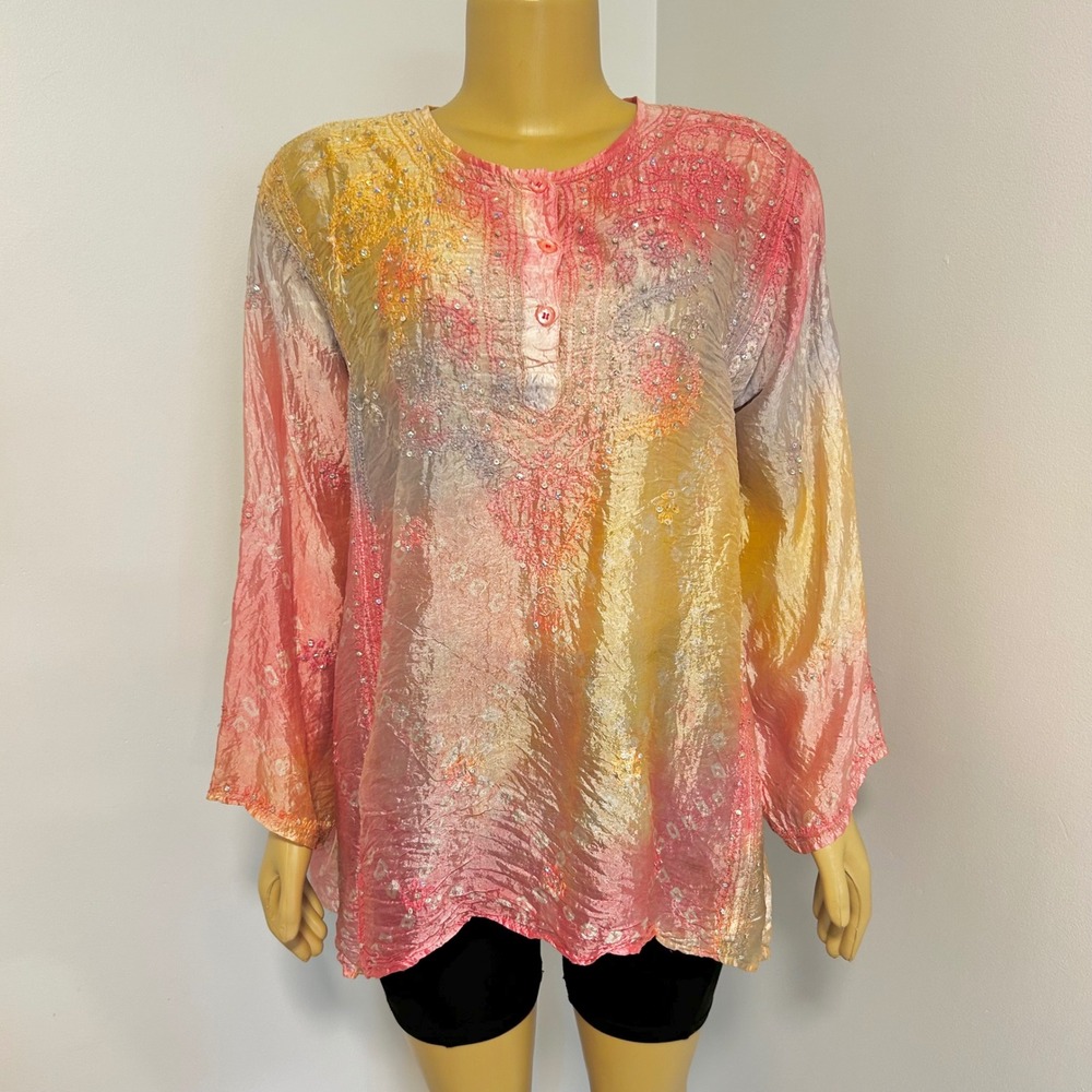 Vintage‎ Betty D Tie Dye Sequin Tunic Top Rayon One Size Women XL